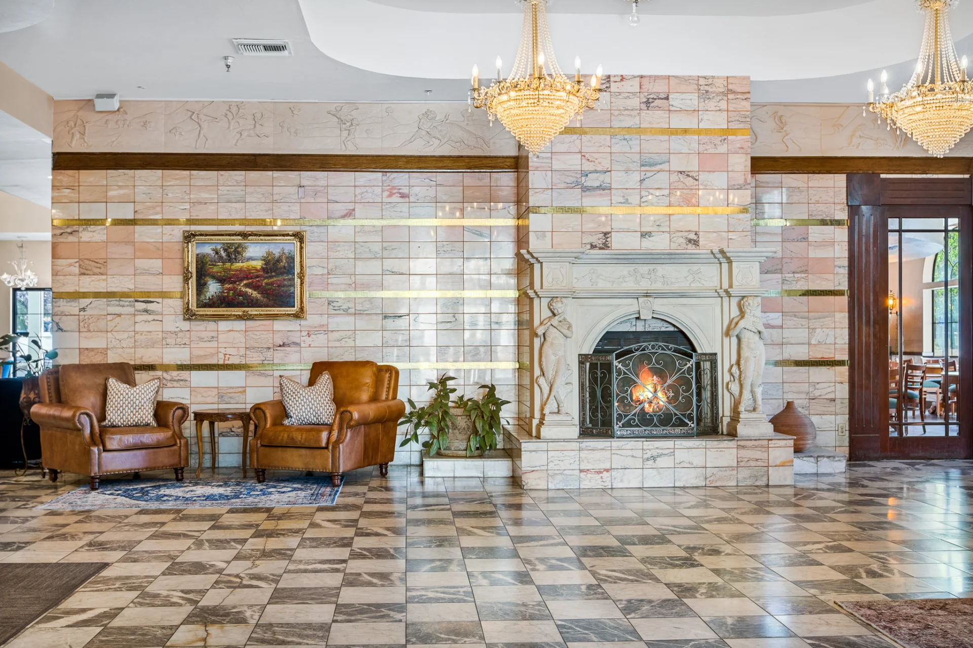 lobby fireplace and arm chairs